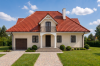 Projekt domu Tymbark 2 L-6340, parterowy z poddaszem mieszkalnym, częściowo podpiwniczony, z garażem - wizualizacja elewacji frontowej