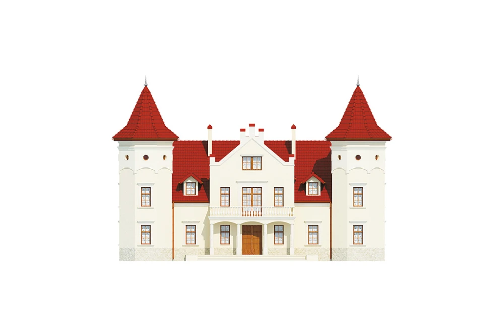 Projekt domu Sokołowiec RW-03, piętrowy z poddaszem użytkowym, z garażem czterostanowiskowym, częściowo podpiwniczony - elewacja frontowa