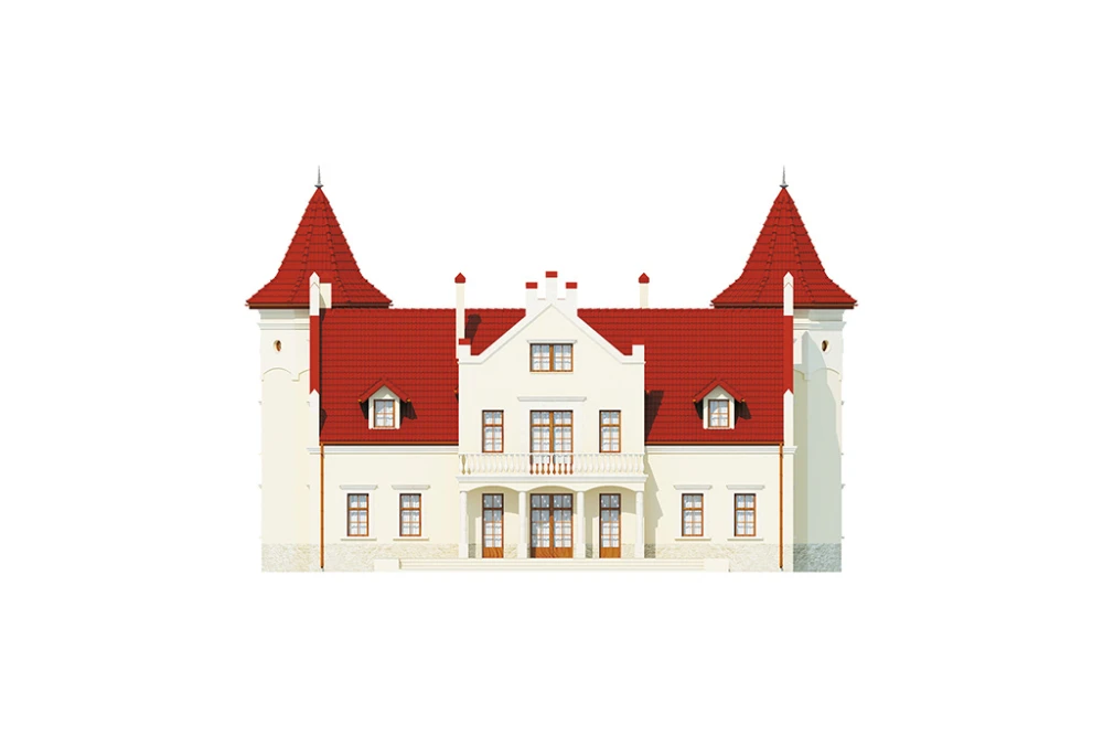 Projekt domu Sokołowiec RW-03, piętrowy z poddaszem użytkowym, z garażem czterostanowiskowym, częściowo podpiwniczony - elewacja ogrodowa