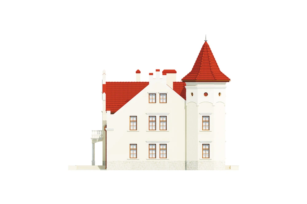 Projekt domu Sokołowiec RW-03, piętrowy z poddaszem użytkowym, z garażem czterostanowiskowym, częściowo podpiwniczony - elewacja lewa