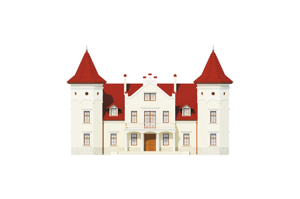 Projekt domu Sokołowiec 2 RWL-03, piętrowy z poddaszem użytkowym, z garażem czterostanowiskowym, częściowo podpiwniczony - elewacja frontowa