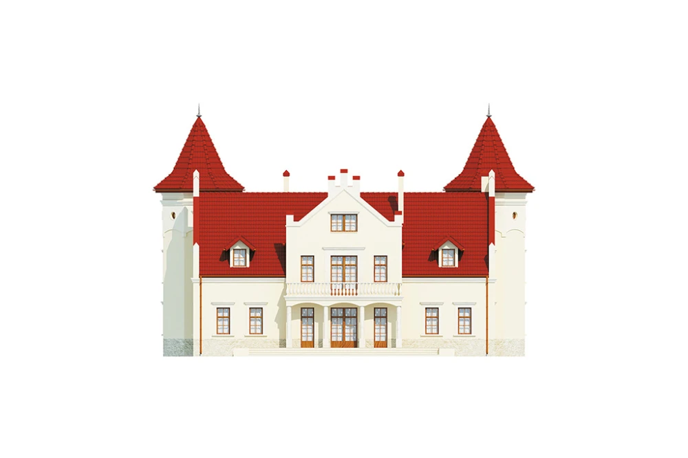 Projekt domu Sokołowiec 2 RWL-03, piętrowy z poddaszem użytkowym, z garażem czterostanowiskowym, częściowo podpiwniczony - elewacja ogrodowa