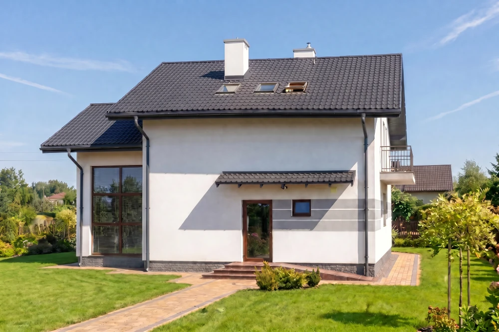 Projekt budynku biurowo-usługowego K-09, budynek parterowy z poddaszem użytkowym, częściowo podpiwniczony - wizualizacja elewacji ogrodowej