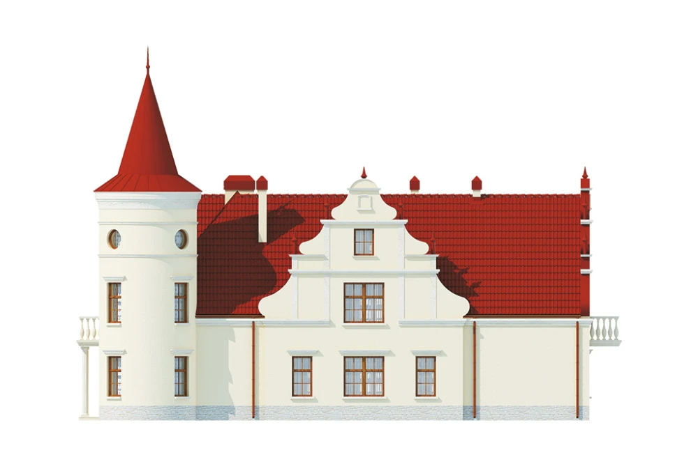Projekt domu Słoszewice RW-04, parterowy z poddaszem użytkowym, z garażem trzystanowiskowym, częściowo podpiwniczony - elewacja lewa