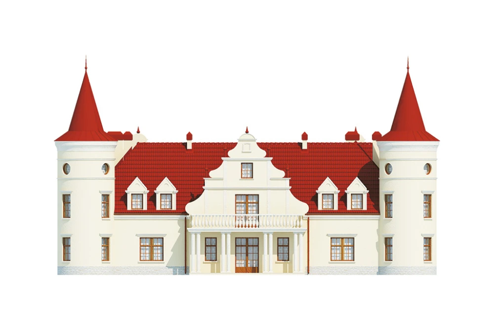 Projekt domu Słoszewice RW-04, parterowy z poddaszem użytkowym, z garażem trzystanowiskowym, częściowo podpiwniczony - elewacja ogrodowa