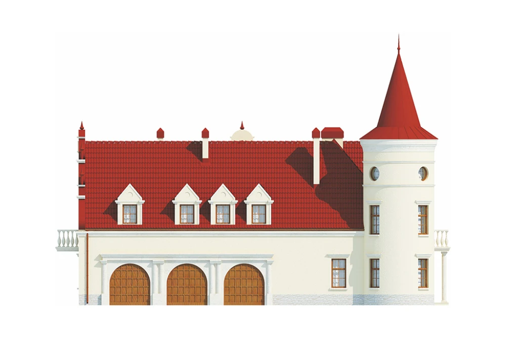 Projekt domu Słoszewice RW-04, parterowy z poddaszem użytkowym, z garażem trzystanowiskowym, częściowo podpiwniczony - elewacja prawa