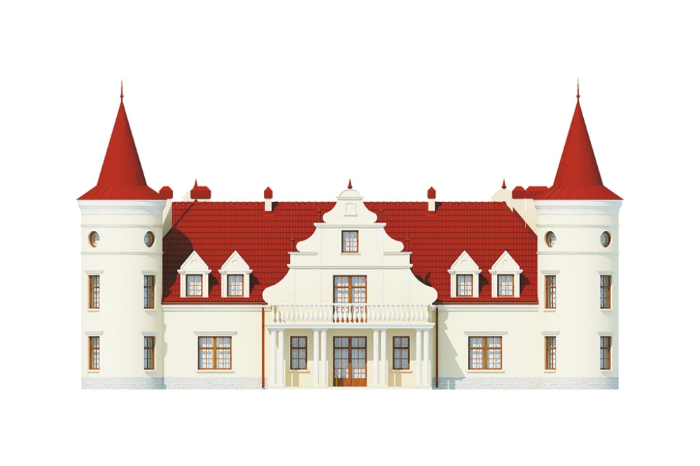Projekt domu Słoszewice 2 RWL-04, parterowy z poddaszem użytkowym, z garażem trzystanowiskowym, częściowo podpiwniczony - elewacja ogrodowa