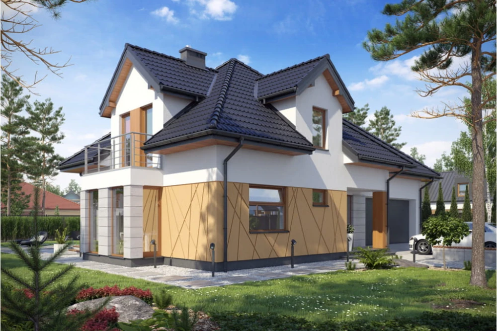 Projekt domu Augustów tech. DM-6416 tech., parterowy z poddaszem mieszkalnym, bez podpiwniczenia, z garażem - kolorystyka wersja 3