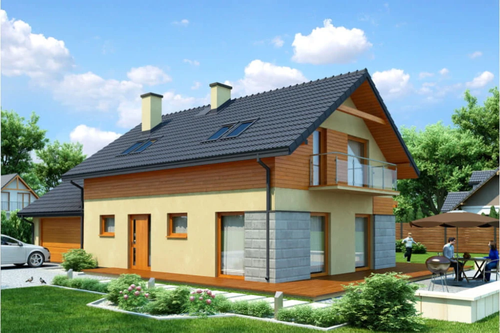 Projekt domu Tofane Due tech. L-6421 tech., parterowy z poddaszem mieszkalnym, bez podpiwniczenia, z garażem dwustanowiskowym - kolorystyka wersja 2