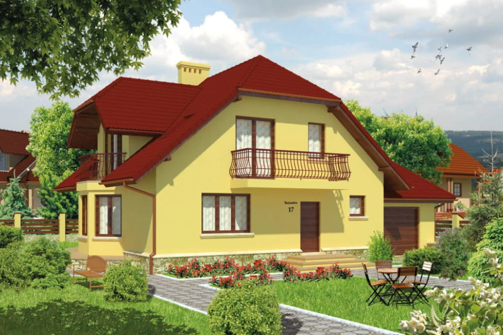 Projekt domu Okunin tech. DM-6432 tech., parterowy z poddaszem mieszkalnym, bez podpiwniczenia, z garażem - kolorystyka wersja 4