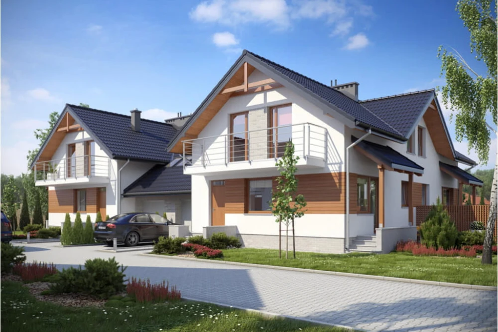 Projekt domu Sidzina tech. DM-6422 tech., dwulokalowy w zabudowie bliźniaczej, parterowy z poddaszem mieszkalnym, bez podpiwniczenia z 4 garażami - kolorystyka wersja 2