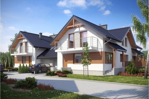 Projekt domu Sidzina tech. DM-6422 tech., dwulokalowy w zabudowie bliźniaczej, parterowy z poddaszem mieszkalnym, bez podpiwniczenia z 4 garażami - kolorystyka wersja 2