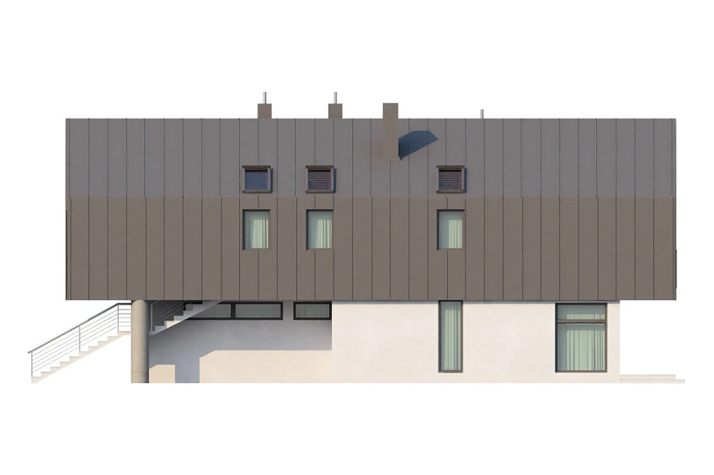 Projekt domu Strojnów 2 L-6505, parterowy z użytkowym poddaszem, z garażem dwustanowiskowym, bez podpiwniczenia - elewacja prawa