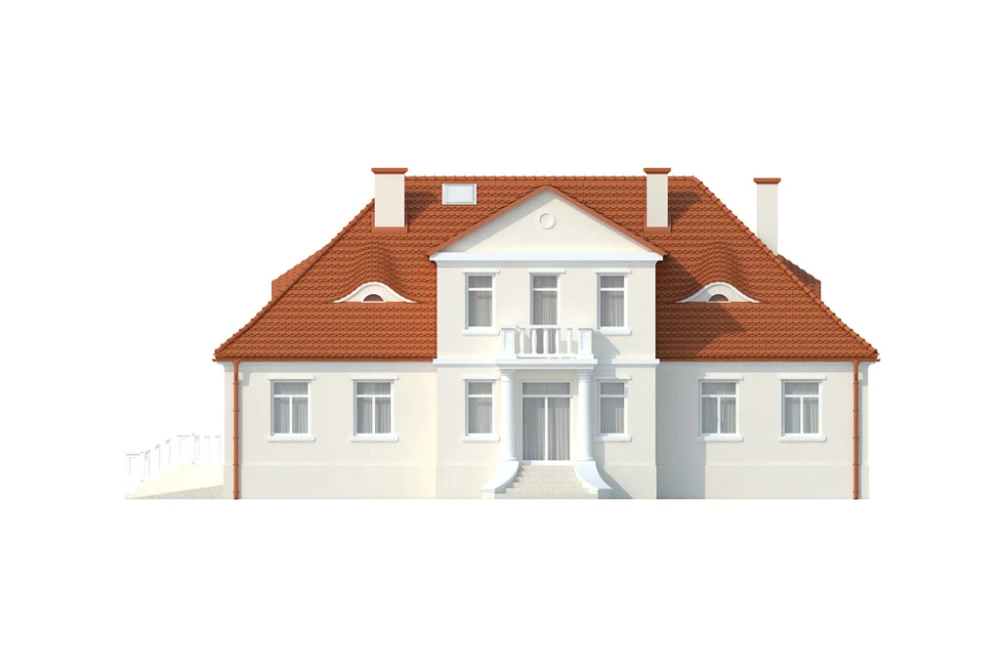 Projekt domu Lubawa DM-6513, parterowy z poddaszem użytkowym, jednorodzinny, dworkowy, z garażem jednostanowiskowym, bez podpiwniczenia - elewacja ogrodowa