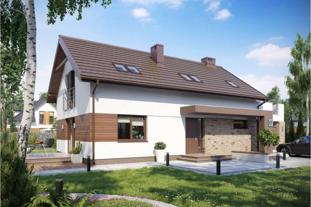 Projekt domu Valles Due tech. L-6419 tech., parterowy z poddaszem mieszkalnym, bez podpiwniczenia, z garażem - kolorystyka wersja 2