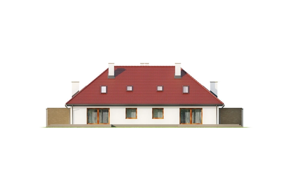 Projekt domu Jastruń DM-6540, parterowy z poddaszem użytkowym, dwurodzinny, w zabudowie bliźniaczej, z garażem, bez podpiwniczenia - elewacja ogrodowa
