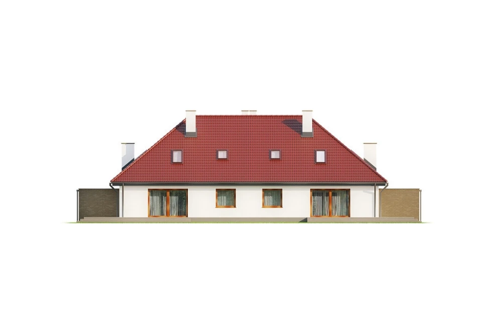 Projekt domu Jastruń 2 L-6540, parterowy z poddaszem użytkowym, dwurodzinny, w zabudowie bliźniaczej, z garażem, bez podpiwniczenia - elewacja ogrodowa