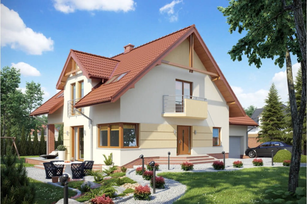 Projekt domu Leonowicze tech. DM-6420 tech., parterowy z poddaszem mieszkalnym, bez podpiwniczenia, z garażem dwustanowiskowym - kolorystyka wersja 2