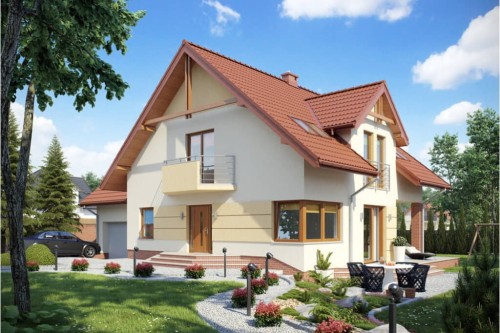 Projekt domu Leonowicze 2 tech. L-6420 tech., parterowy z poddaszem mieszkalnym, bez podpiwniczenia, z garażem dwustanowiskowym - kolorystyka wersja 2