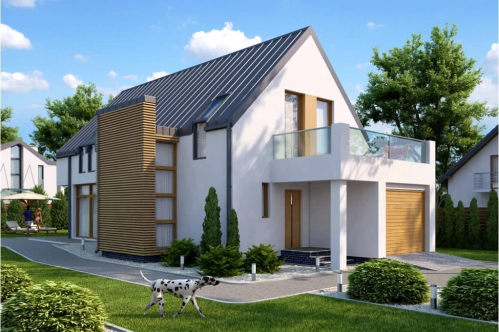 Projekt domu Proszyce 2 tech. L-6509 tech., parterowy z użytkowym poddaszem, z garażem jednostanowiskowym, bez podpiwniczenia - kolorystyka wersja 1