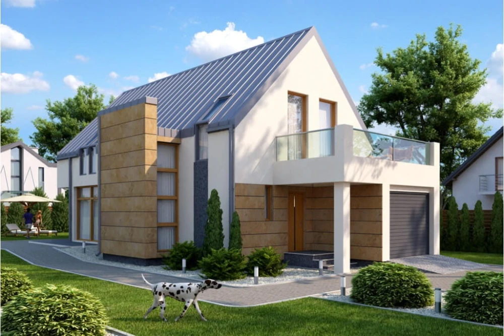 Projekt domu Proszyce 2 tech. L-6509 tech., parterowy z użytkowym poddaszem, z garażem jednostanowiskowym, bez podpiwniczenia - kolorystyka wersja 4