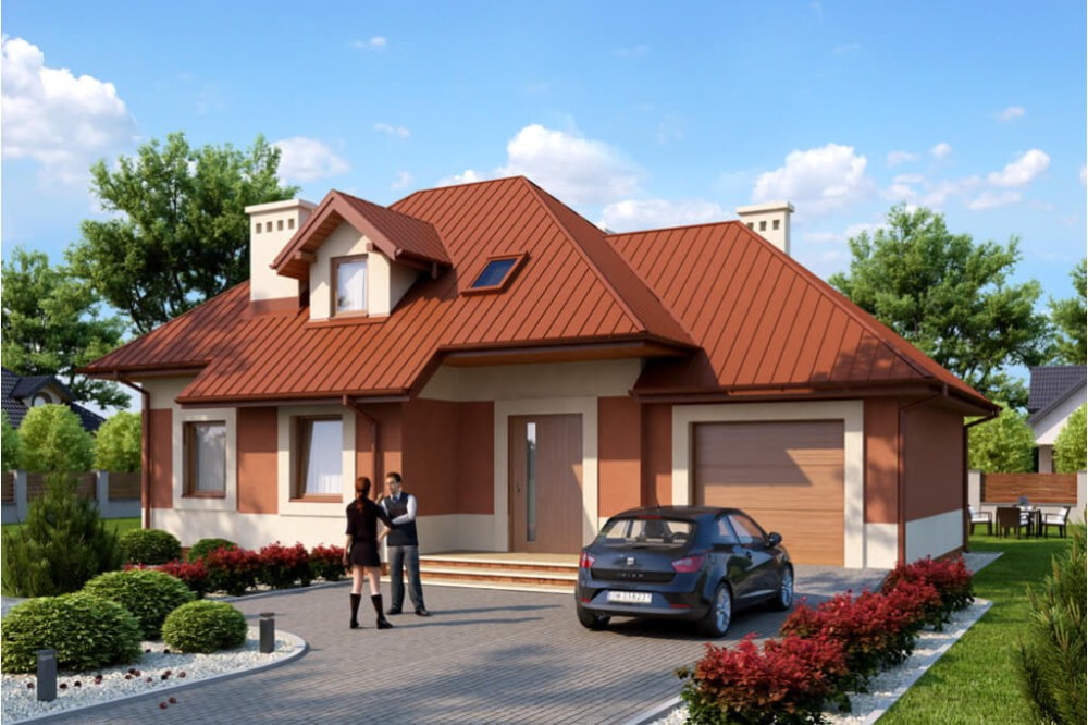 Projekt domu Jaśmina B tech. DM-6426 B tech., parterowy z poddaszem mieszkalnym, częściowo podpiwniczony, z garażem - kolorystyka wersja 4
