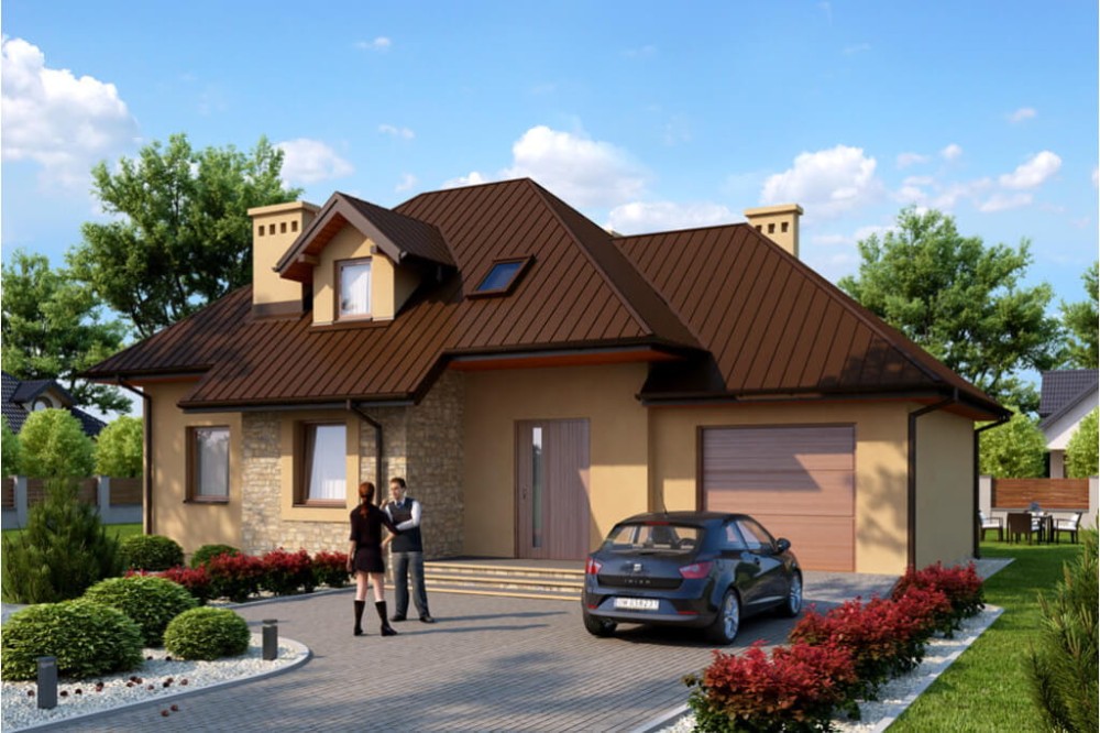 Projekt domu Jaśmina B tech. DM-6426 B tech., parterowy z poddaszem mieszkalnym, częściowo podpiwniczony, z garażem - kolorystyka wersja 3