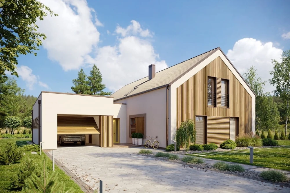 Projekt domu Deva tech. DM-6709 tech., parterowy z antresolą, jednorodzinny, tradycyjny, z garażem jednostanowiskowym, bez podpiwniczenia - kolorystyka wersja 3