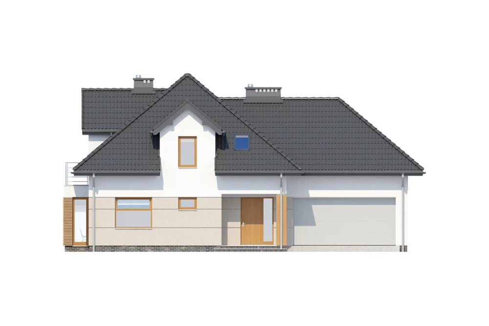 Projekt domu Augustów DM-6416, parterowy z poddaszem mieszkalnym, bez podpiwniczenia, z garażem - elewacja frontowa