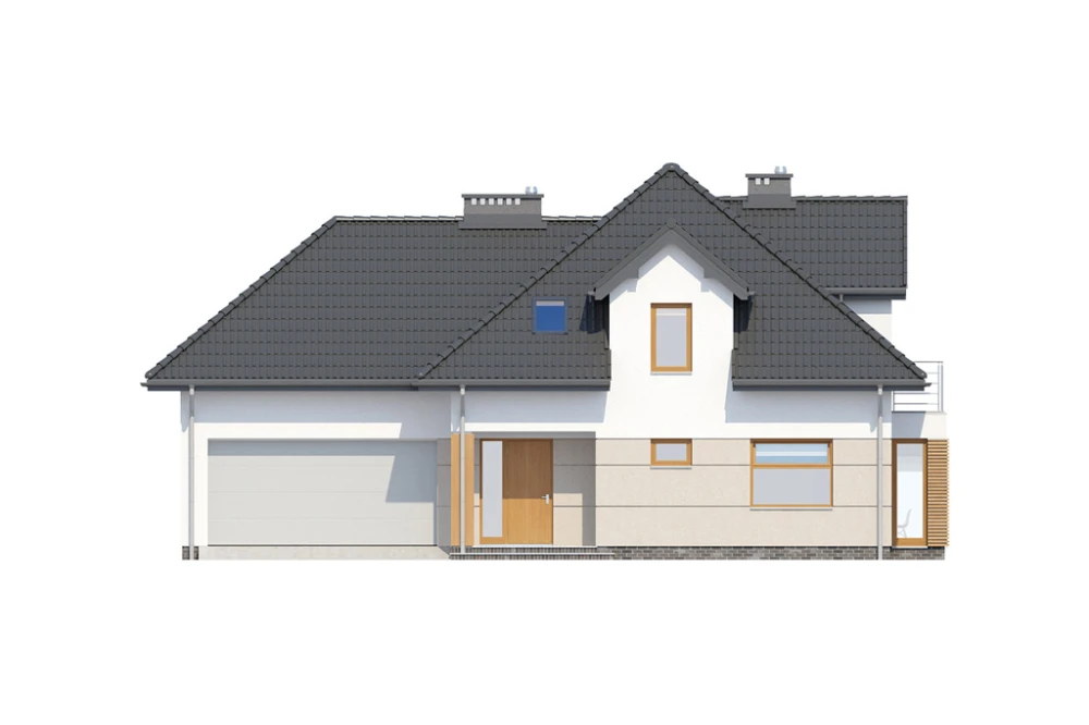 Projekt domu Augustów 2 L-6416, parterowy z poddaszem mieszkalnym, bez podpiwniczenia, z garażem - elewacja frontowa