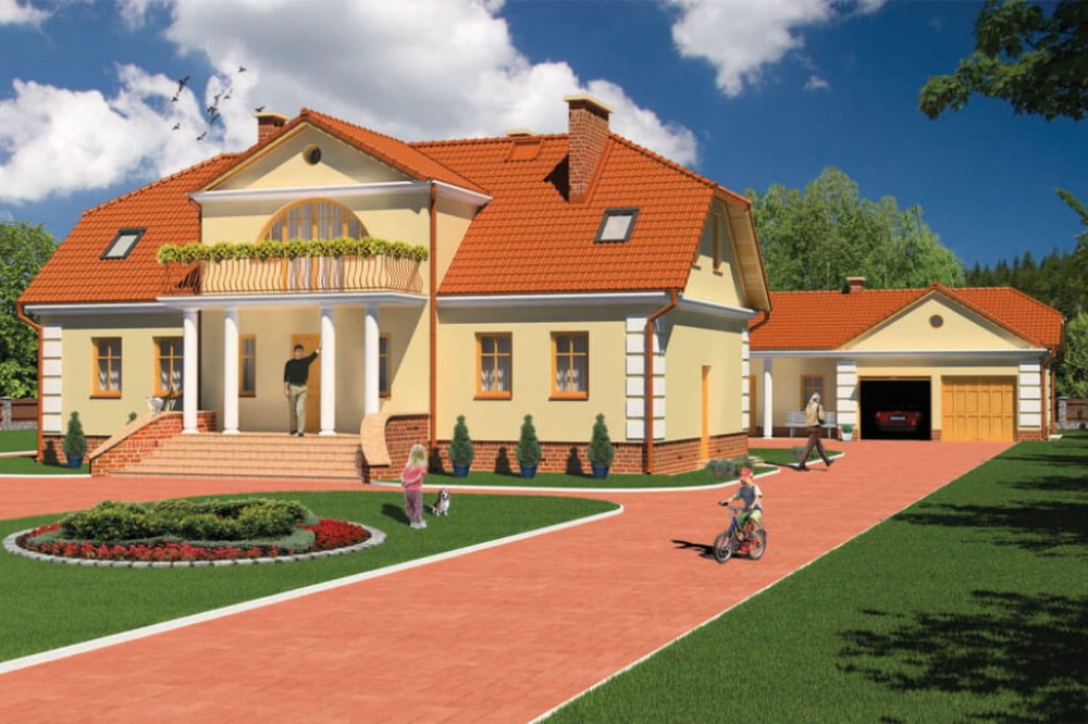 Projekt domu Strumień tech. DM-6474 tech., parterowy z poddaszem mieszkalnym, bez podpiwniczenia, z wolnostojącym budynkiem gospodarczym - kolorystyka wersja 4