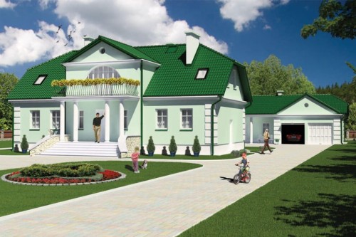 Projekt domu Strumień tech. DM-6474 tech., parterowy z poddaszem mieszkalnym, bez podpiwniczenia, z wolnostojącym budynkiem gospodarczym - kolorystyka wersja 2