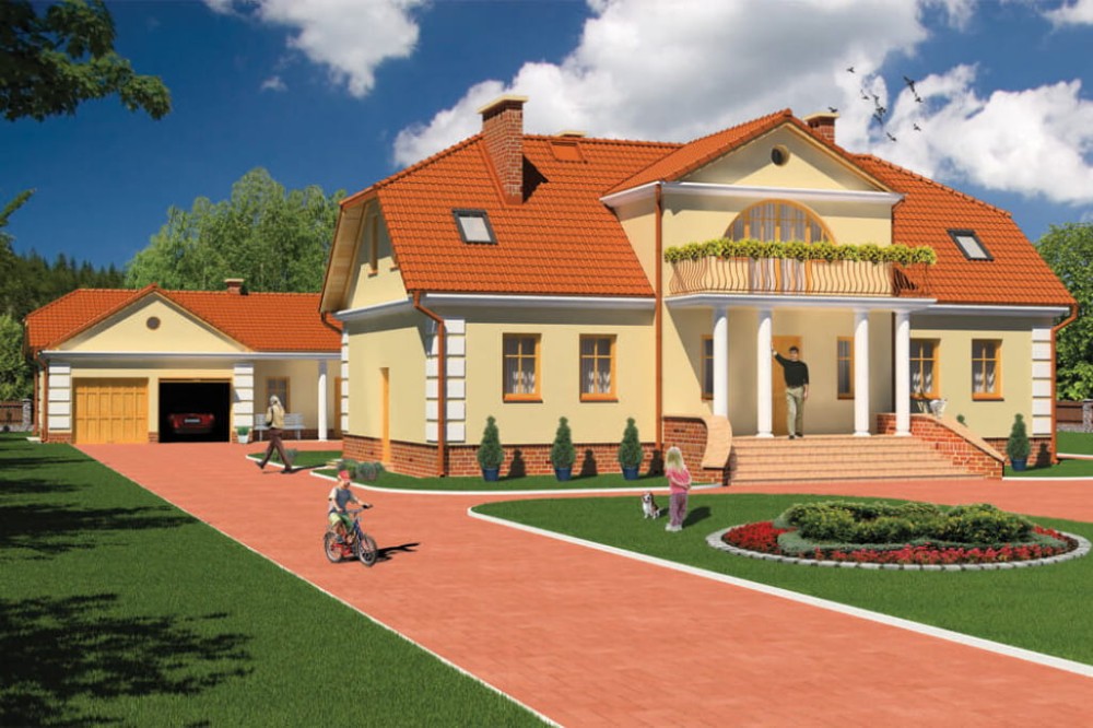 Projekt domu Strumień 2 tech. L-6474 tech., parterowy z poddaszem mieszkalnym, bez podpiwniczenia, z wolnostojącym budynkiem gospodarczym - kolorystyka wersja 4