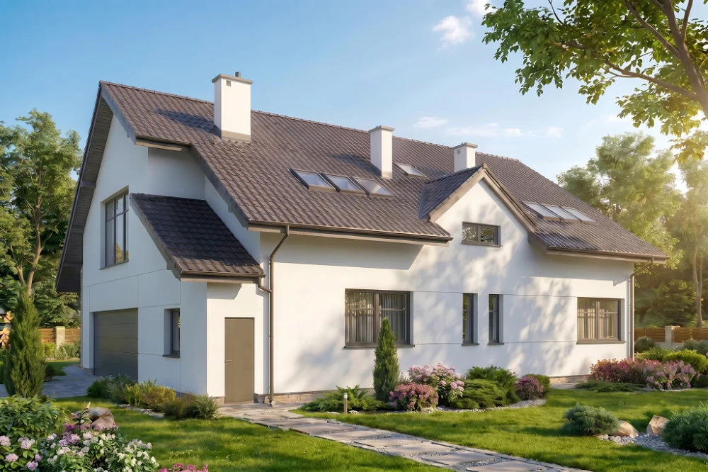 Projekt domu Siena tech. DM-6463 tech., parterowy z poddaszem użytkowym, z garażem dwustanowiskowym, bez podpiwniczenia - wizualizacja elewacji prawej