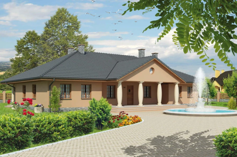 Projekt domu Ełk tech. DM-6471 tech., parterowy z poddaszem nieużytkowym, bez podpiwniczenia, z garażem - kolorystyka wersja 3
