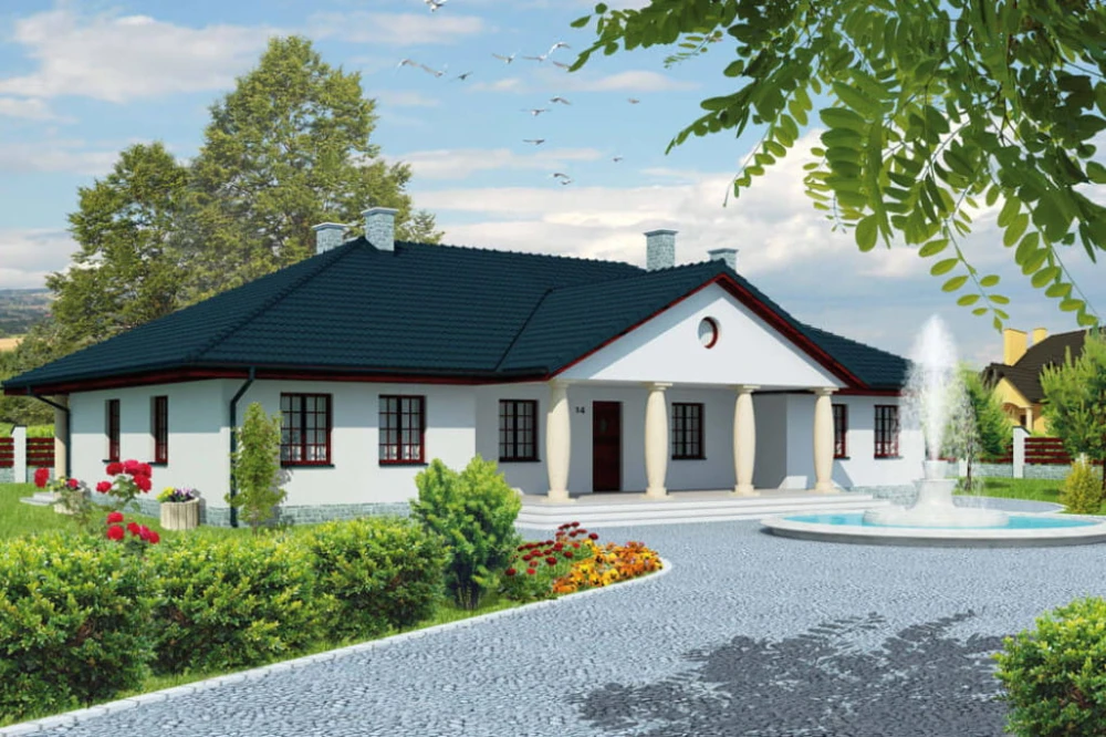 Projekt domu Ełk tech. DM-6471 tech., parterowy z poddaszem nieużytkowym, bez podpiwniczenia, z garażem - kolorystyka wersja 4