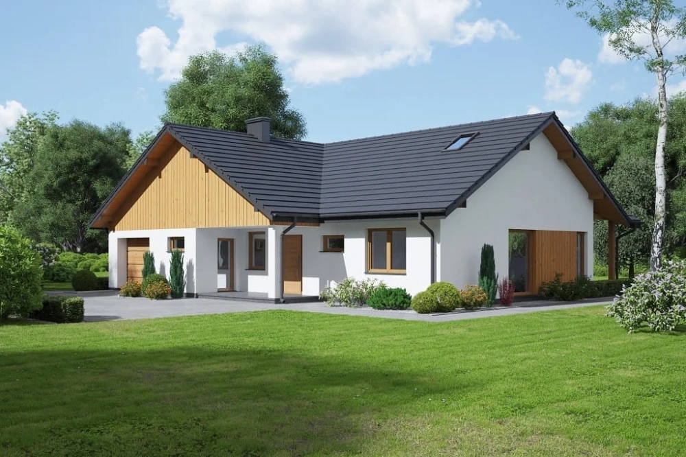 Projekt domu Nevio tech. DM-6712 tech., parterowy z antresolą, jednorodzinny, tradycyjny, z garażem jednostanowiskowym, bez podpiwniczenia - kolorystyka wersja 2
