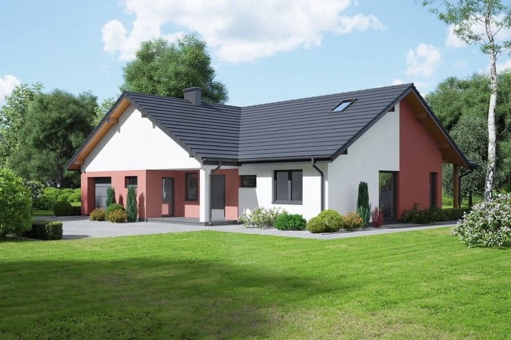 Projekt domu Nevio tech. DM-6712 tech., parterowy z antresolą, jednorodzinny, tradycyjny, z garażem jednostanowiskowym, bez podpiwniczenia - kolorystyka wersja 4