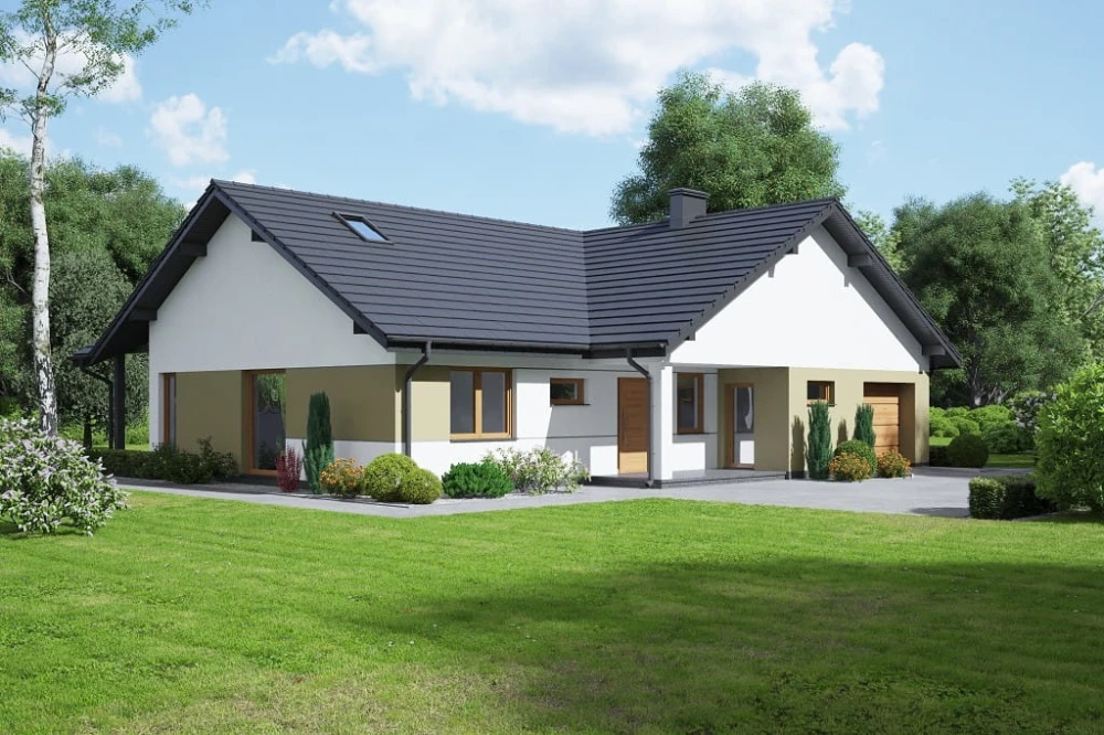 Projekt domu Nevio 2 tech. L-6712 tech., parterowy z antresolą, jednorodzinny, tradycyjny, z garażem jednostanowiskowym, bez podpiwniczenia - kolorystyka wersja 3