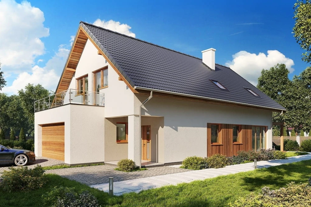 Projekt domu Carmo tech. DM-6714 tech., parterowy z poddaszem użytkowym, jednorodzinny, tradycyjny, z garażem dwustanowiskowym, bez podpiwniczenia - kolorystyka wersja 2