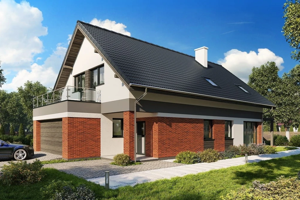 Projekt domu Carmo tech. DM-6714 tech., parterowy z poddaszem użytkowym, jednorodzinny, tradycyjny, z garażem dwustanowiskowym, bez podpiwniczenia - kolorystyka wersja 3