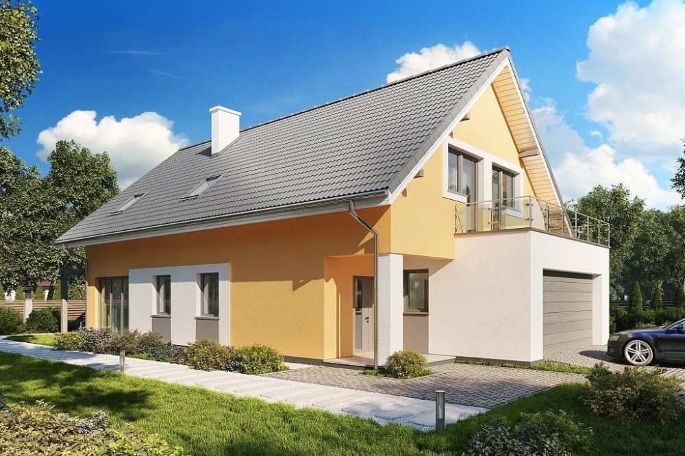 Projekt domu Carmo 2 tech. L-6714 tech., parterowy z poddaszem użytkowym, jednorodzinny, tradycyjny, z garażem dwustanowiskowym, bez podpiwniczenia - kolorystyka wersja 4
