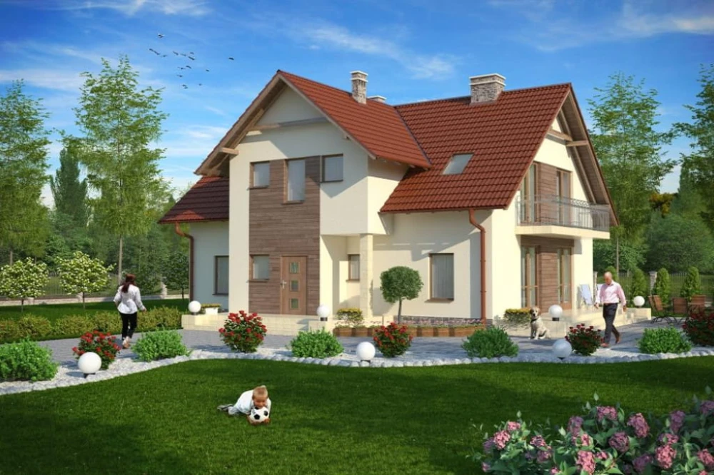 Projekt domu Mielno tech. DM-6489 tech., dwurodzinny, parterowy z poddaszem mieszkalnym, częściowo podpiwniczony - kolorystyka wersja 1