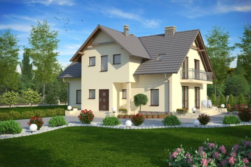 Projekt domu Mielno tech. DM-6489 tech., dwurodzinny, parterowy z poddaszem mieszkalnym, częściowo podpiwniczony - kolorystyka wersja 2