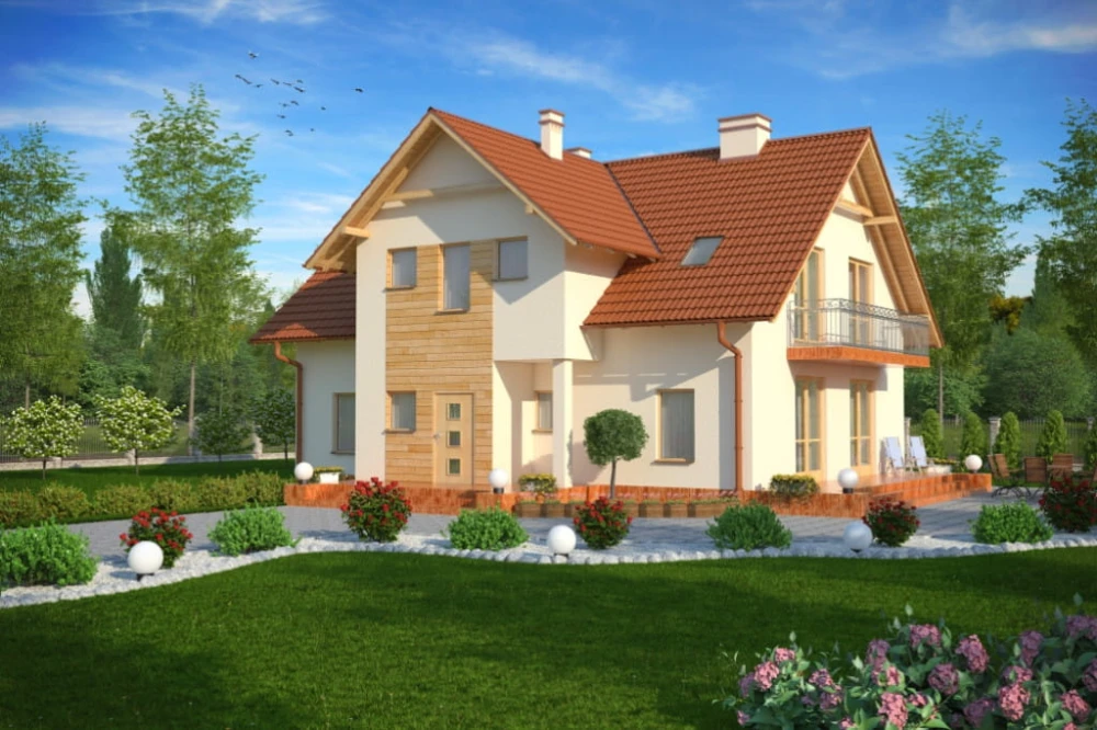 Projekt domu Mielno tech. DM-6489 tech., dwurodzinny, parterowy z poddaszem mieszkalnym, częściowo podpiwniczony - kolorystyka wersja 3