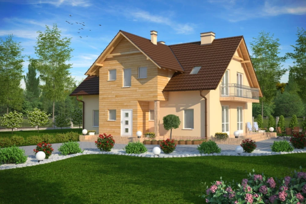 Projekt domu Mielno tech. DM-6489 tech., dwurodzinny, parterowy z poddaszem mieszkalnym, częściowo podpiwniczony - kolorystyka wersja 4