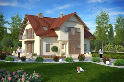 Projekt domu Mielno 2 tech. L-6489 tech., dwurodzinny, parterowy z poddaszem mieszkalnym, częściowo podpiwniczony - kolorystyka wersja 1