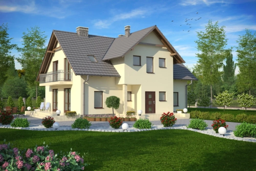 Projekt domu Mielno 2 tech. L-6489 tech., dwurodzinny, parterowy z poddaszem mieszkalnym, częściowo podpiwniczony - kolorystyka wersja 2