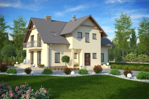 Projekt domu Mielno 2 tech. L-6489 tech., dwurodzinny, parterowy z poddaszem mieszkalnym, częściowo podpiwniczony - kolorystyka wersja 2