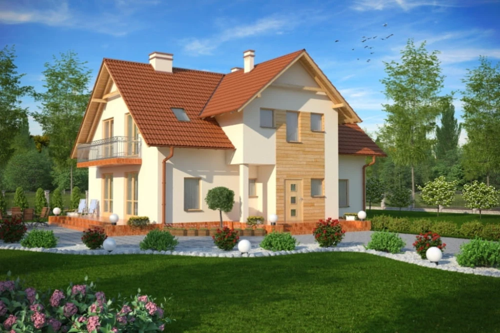 Projekt domu Mielno 2 tech. L-6489 tech., dwurodzinny, parterowy z poddaszem mieszkalnym, częściowo podpiwniczony - kolorystyka wersja 3